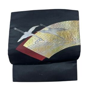VTG Pre Tied Tsuke Obi Kimono Bow Belt Sash Black Gold Silk Metallic Birds Japan